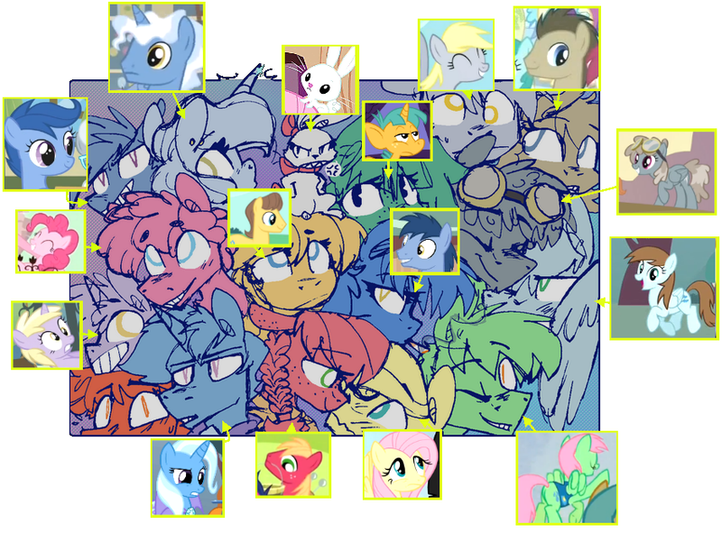 Size: 854x631 | Tagged: safe, alternate version, artist:artflicker, derpibooru import, angel bunny, archer (character), big macintosh, caramel, derpy hooves, dinky hooves, doctor whooves, dust devil, fluttershy, pinkie pie, pokey pierce, scootablue, snails, time turner, toffee, trixie, earth pony, pegasus, pony, unicorn, angela bunny, blushing, boop, bubble berry, butterreina, butterscotch, colt, dopey hooves, female, fluttermac, foal, goggles, goggles on head, grin, image, limited palette, macareina, male, mare, noseboop, png, poppy pin, rule 63, screencap reference, sharp teeth, shipping, simple background, smiling, spice, stallion, straight, sweat, sweatdrop, teeth, the doctoress, tristan, twerpy hooves, wavy mouth, white background