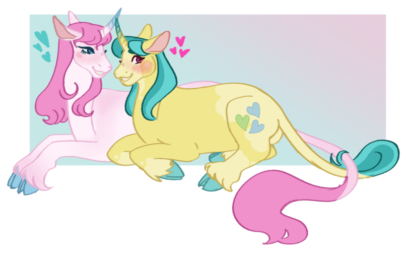 Size: 1280x807 | Tagged: safe, artist:s0ftserve, derpibooru import, lemon hearts, twinkleshine, pony, alternate design, blushing, cloven hooves, colored hooves, female, gradient horn, image, lemonshine, leonine tail, lesbian, lying down, png, prone, shipping, smiling, unshorn fetlocks