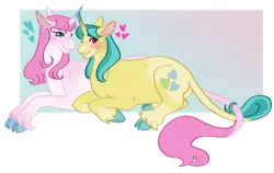 Size: 1280x807 | Tagged: safe, artist:s0ftserve, derpibooru import, lemon hearts, twinkleshine, pony, alternate design, blushing, cloven hooves, colored hooves, female, gradient horn, image, lemonshine, leonine tail, lesbian, lying down, png, prone, shipping, smiling, unshorn fetlocks