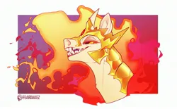 Size: 2931x1822 | Tagged: safe, artist:kez, derpibooru import, daybreaker, alicorn, pony, abstract background, armor, bust, colored, criniere, ear fluff, eyelashes, fangs, fiery mane, frame, grin, helmet, high res, horn, image, jpeg, lidded eyes, looking at you, neck armor, neck fluff, open mouth, portrait, shading, sharp teeth, short horn, signature, smiling, solo, sternocleidomastoid, teeth, toothy grin