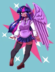 Size: 2975x3850 | Tagged: safe, artist:mylittleyuri, derpibooru import, twilight sparkle, human, alicorn humanization, breasts, clothes, cute, dark skin, elf ears, female, horn, horned humanization, humanized, image, necktie, open mouth, png, shoes, skirt, socks, solo, stockings, sweater vest, thigh highs, twiabetes, vest, winged humanization, wings