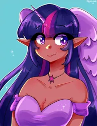 Size: 2975x3850 | Tagged: safe, artist:mylittleyuri, derpibooru import, twilight sparkle, human, alicorn humanization, blue background, breasts, clothes, cute, cute little fangs, dark skin, dress, elf ears, fangs, female, horn, horned humanization, humanized, image, jewelry, necklace, png, simple background, solo, twiabetes, winged humanization, wings