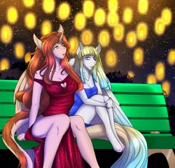 Size: 2396x2289 | Tagged: safe, artist:carbutt69, derpibooru import, oc, oc:brave jockey, oc:queen alexandrine, alicorn, anthro, pegasus, background, big breasts, breasts, chinese new year, colored wings, dyed mane, female, females only, image, jpeg, lantern, multicolored hair, multicolored wings, night, wings