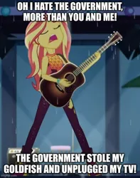 Size: 500x633 | Tagged: safe, derpibooru import, edit, edited screencap, screencap, sunset shimmer, human, equestria girls, equestria girls series, let it rain, spoiler:eqg series (season 2), animaniacs, caption, cropped, guitar, image, image macro, jpeg, musical instrument, open mouth, solo, text