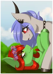 Size: 1802x2500 | Tagged: safe, artist:melodytheartpony, derpibooru import, oc, oc:melody silver, unofficial characters only, dracony, dragon, hybrid, pegasus, 2023, asexual, background, beauty mark, blushing, bush, cloud, cloudy sky, collar, couple, cuddling, demisexual, ear piercing, eyeshadow, female, feral, flower, flower in hair, grass, image, in love, lgbt, lgbtq couple, lipstick, makeup, oc x oc, piercing, png, shipping, signature, smiling, staring lovingly
