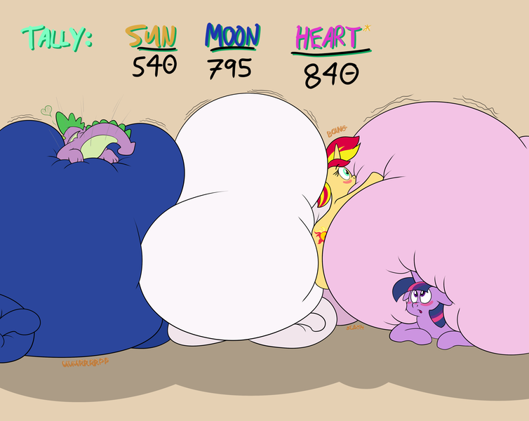 Size: 4347x3458 | Tagged: suggestive, artist:rupertbluefox, derpibooru import, princess cadance, princess celestia, princess luna, spike, sunset shimmer, twilight sparkle, twilight sparkle (alicorn), alicorn, dragon, pony, unicorn, series:sunsmoons&heartbellyballoons, belly, belly bed, belly button, belly sandwich, belly to belly, big belly, blushing, boing, butt, chubby cheeks, chubbylestia, dialogue, dragonbutt, eyes closed, fat, fat fetish, female, fetish, group, heart, high res, huge belly, image, impossibly large belly, incentive drive, looking at someone, lying down, male, missing accessory, morbidly obese, obese, offscreen character, on top, onomatopoeia, png, princess decadence, princess moonpig, prone, shimmerbetes, smiling, speech bubble, spikabetes, squished, squishy, stomach noise, this ended in weight gain, this will end in weight gain, tongue out, wall of tags, weight gain, winged spike, wings