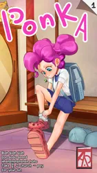Size: 2160x3840 | Tagged: safe, artist:applephil, derpibooru import, pinkie pie, human, 4k, backpack, candy, child, clothes, crocs, female, food, high res, humanized, image, jpeg, lollipop, mouth hold, pigtails, pinktails pie, ponka, pulling, shoes, skirt, socks, solo, twintails, younger