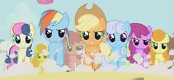 Size: 665x308 | Tagged: safe, derpibooru import, screencap, applejack, berry punch, berryshine, bon bon, carrot top, golden harvest, linky, rainbow dash, shoeshine, sweetie drops, earth pony, pegasus, pony, fall weather friends, season 1, animation error, applejack's hat, cloud, cowboy hat, cropped, dust cloud, galloping, hat, image, multeity, png, race, running of the leaves, sky