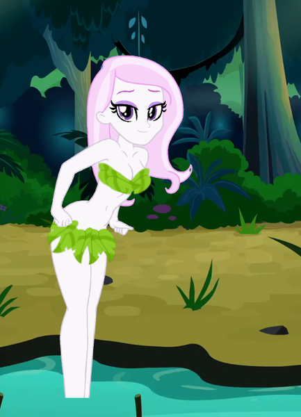 Size: 520x720 | Tagged: suggestive, anonymous artist, derpibooru import, fleur-de-lis, equestria girls, belly button, female, image, jungle, jungle girl, leaf, leaf bikini, miss fleur is trying to seduce us, nudity, photo, png, pond, sexy, solo, solo female, water