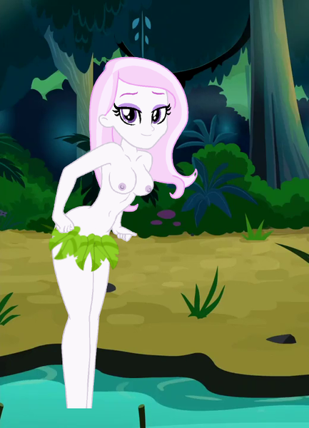 Size: 520x720 | Tagged: questionable, anonymous artist, derpibooru import, fleur-de-lis, equestria girls, areola, belly button, breasts, clothes, female, image, jungle, jungle girl, leaf, leaf bikini, miss fleur is trying to seduce us, nipples, nudity, partial nudity, photo, png, pond, sexy, solo, solo female, topless, water