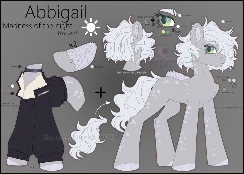 Size: 3500x2500 | Tagged: safe, artist:medkit, derpibooru import, oc, oc:abbigail madness of the night, unofficial characters only, pegasus, pony, choker, clothes, colored eyelashes, colored hooves, colored pupils, colored wings, eyelashes, eyeshadow, feather, feathered wings, female, folded wings, fur, gradient background, gradient iris, grayscale, high res, image, jacket, makeup, mare, metal insert, missing cutie mark, monochrome, outfit, owner, owner:medkit, pegasus oc, png, reference sheet, short mane, short tail, spots, standing, tail, wings