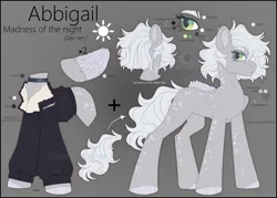 Size: 3500x2500 | Tagged: safe, artist:medkit, derpibooru import, oc, oc:abbigail madness of the night, unofficial characters only, pegasus, pony, choker, clothes, colored eyelashes, colored hooves, colored pupils, colored wings, eyelashes, eyeshadow, feather, feathered wings, female, folded wings, fur, gradient background, gradient iris, grayscale, high res, image, jacket, makeup, mare, metal insert, missing cutie mark, monochrome, outfit, owner, owner:medkit, pegasus oc, png, reference sheet, short mane, short tail, spots, standing, tail, wings