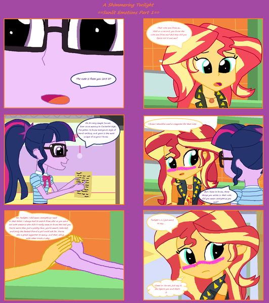Size: 1808x2039 | Tagged: safe, artist:thomaszoey3000, derpibooru import, sci-twi, sunset shimmer, twilight sparkle, human, comic:a shimmering twilight, equestria girls, blushing, clothes, female, geode, humanized, image, lesbian, letter, png, scitwishimmer, shipping, sunsetsparkle