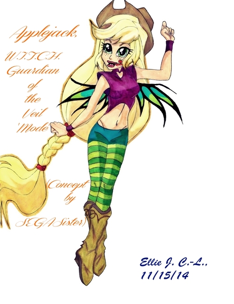 Size: 1000x1297 | Tagged: safe, artist:sokai-sama, derpibooru import, applejack, human, equestria girls, alternative cutie mark placement, belly button, crossover, facial cutie mark, guardian, heart of kandrakar, humanized, image, jpeg, midriff, taranee cook, w.i.t.c.h., wings