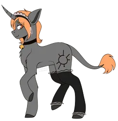 Size: 3786x3880 | Tagged: safe, artist:tuzz-arts, derpibooru import, oc, oc:sunscorch, unofficial characters only, pony, unicorn, bell, bell collar, clothes, collar, cutie mark, femboy, hairband, horn, image, leonine tail, male, png, simple background, socks, solo, stockings, tail, thigh highs, transparent background, unicorn oc