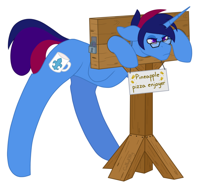 Size: 2878x2662 | Tagged: safe, artist:calibykitty, derpibooru import, oc, oc:marquis majordome, unofficial characters only, pony, unicorn, bondage, bondage furniture, food, glasses, horn, image, lock, pineapple pizza, pizza, png, shaming, sign, simple background, stocks, transparent background, unicorn oc