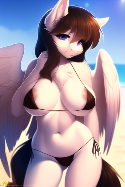 Size: 768x1152 | Tagged: suggestive, derpibooru import, editor:flitter4935, machine learning generated, novelai, stable diffusion, anthro, pegasus, beach, belly button, bikini, breasts, chest fluff, clothes, female, hair grab, hips, image, looking at you, midriff, png, sexy, shy, sky, solo, solo female, swimsuit, thighs
