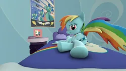 Size: 1920x1080 | Tagged: suggestive, derpibooru import, rainbow dash, pegasus, pony, 3d, bed, beginner artist, clothes, image, laying on bed, looking at you, looking back, looking back at you, lying down, on bed, panties, png, poster, raised tail, solo, source filmmaker, tail, underwear, wonderbolts, wonderbolts poster