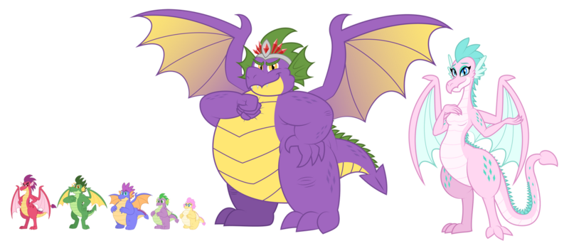 Size: 1280x543 | Tagged: safe, artist:aleximusprime, derpibooru import, spike, oc, oc:barb the dragon, oc:buttercream the dragon, oc:king smite, oc:queen chara, oc:scorch the dragon, oc:singe the dragon, dragon, fanfic:go north young dragon, flurry heart's story, breasts, crown, dragon oc, dragoness, fangs, fat, fat spike, female, fist, hand on chest, hand on hip, image, jewelry, lizard breasts, male, non-pony oc, png, regalia, simple background, size chart, size comparison, spike's family, spike's father, spike's mother, spikes, spread wings, transparent background, wide hips, wings