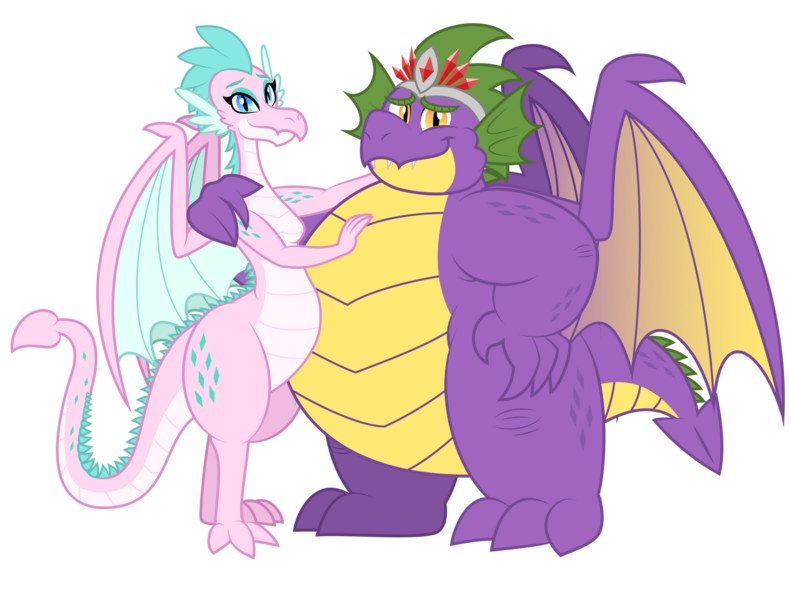 Size: 1600x1216 | Tagged: safe, artist:aleximusprime, derpibooru import, oc, oc:king smite, oc:queen chara, unofficial characters only, dragon, fanfic:go north young dragon, flurry heart's story, bhm, child bearing hips, crown, dragon oc, dragoness, duo, duo male and female, fangs, fat, female, hand on hip, hug, husband and wife, image, jewelry, looking at you, male, non-pony oc, oc x oc, png, regalia, shipping, simple background, smiling, spike's family, spike's father, spike's mother, straight, transparent background, wide hips