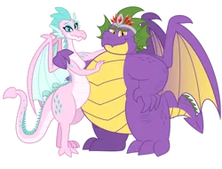 Size: 1600x1216 | Tagged: safe, artist:aleximusprime, derpibooru import, oc, oc:king smite, oc:queen chara, unofficial characters only, dragon, fanfic:go north young dragon, flurry heart's story, child bearing hips, crown, dragon oc, dragoness, duo, duo male and female, fangs, female, hand on hip, hug, husband and wife, image, jewelry, looking at you, male, non-pony oc, oc x oc, png, regalia, shipping, simple background, smiling, spike's family, spike's father, spike's mother, straight, transparent background, wide hips