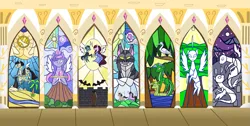 Size: 1585x800 | Tagged: safe, derpibooru import, undead, vampire, wolf, wolf pony, description is relevant, hallway, image, immortal, microsoft, mummy, png, spirit, stained glass, swamp pony, windows, witch