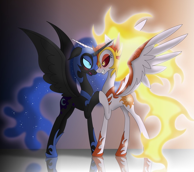 Size: 4630x4110 | Tagged: safe, artist:omnisimon11, derpibooru import, daybreaker, nightmare moon, alicorn, pony, absurd resolution, armor, blushing, concave belly, duo, duo female, evil princest, eye contact, female, frown, helmet, holding hooves, hoof shoes, image, incest, jpeg, lesbian, lidded eyes, looking at each other, looking at someone, mare, open mouth, peytral, princess shoes, shipping, slim, spread wings, thin, wing armor, wings