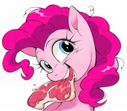 Size: 1398x1220 | Tagged: safe, artist:honkinghighblood, derpibooru import, pinkie pie, earth pony, pony, bust, cute, food, image, jpeg, looking at you, meat, ponies eating meat, simple background, solo, steak, white background
