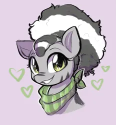 Size: 1371x1476 | Tagged: safe, artist:moozua, derpibooru import, oc, oc:shairi, unofficial characters only, pony, zebra, afro puff, female, floating heart, handkerchief, heart, image, looking at you, mare, pink background, png, simple background, smiling, smiling at you, yellow eyes, zebra oc