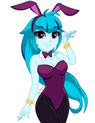Size: 1112x1442 | Tagged: safe, alternate version, artist:rosemile mulberry, derpibooru import, sonata dusk, human, equestria girls, bare shoulders, bowtie, bracelet, breasts, bunny ears, bunny suit, busty sonata dusk, cleavage, clothes, image, jewelry, playboy bunny, playboy bunny sonata dusk, png, simple background, sleeveless, strapless, white background