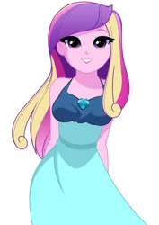 Size: 1036x1462 | Tagged: safe, artist:rosemile mulberry, derpibooru import, princess cadance, human, equestria girls, clothes, dean cadance, dress, female, grin, image, png, simple background, smiling, solo, white background