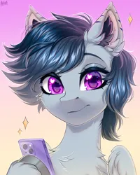 Size: 2000x2500 | Tagged: safe, artist:hakaina, derpibooru import, oc, unofficial characters only, pegasus, pony, abstract background, chest fluff, colored, ear fluff, eyelashes, eyeshadow, fluffy, gray coat, heart, heart eyes, high res, hoof hold, image, looking at you, magenta eyes, makeup, mobile phone, neck fluff, partially open wings, pegasus oc, phone, png, shading, signature, smartphone, solo, wing fluff, wingding eyes, wings