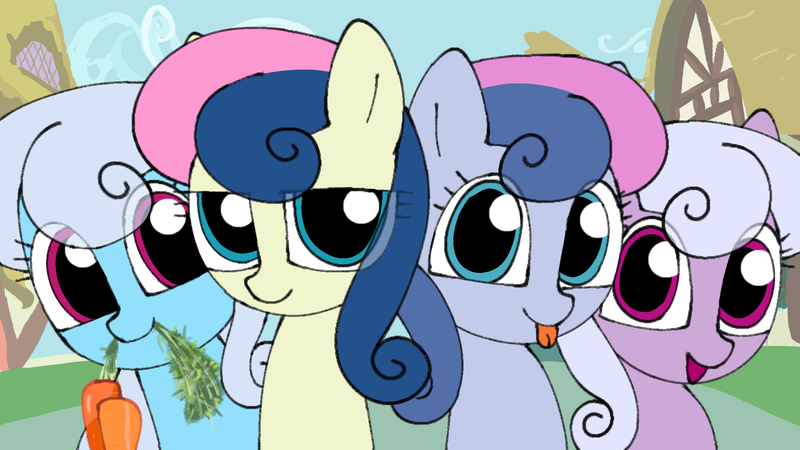 Size: 1920x1080 | Tagged: safe, artist:omelettepony, derpibooru import, bon bon, lilac links, linky, shoeshine, sweetie drops, earth pony, pony, background pony, blueberry taffy, carrot, cloud, eye clipping through hair, female, food, house, image, looking at you, mare, mouth hold, open mouth, open smile, png, ponyville, sky, smiling, tongue out