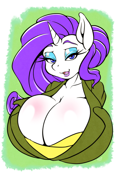 Size: 2480x3508 | Tagged: questionable, artist:michiyoshi, rarity, anthro, unicorn, big breasts, breasts, bust, busty rarity, cleavage, clothes, female, huge breasts, image, lipstick, paywall content, png, solo, solo female