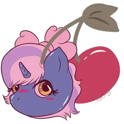 Size: 2160x2160 | Tagged: safe, alternate version, artist:singlesanity, derpibooru import, oc, oc:fleurbelle, unofficial characters only, alicorn, pony, alicorn oc, blushing, bow, cherry, female, food, hair bow, horn, image, mare, pink background, png, simple background, solo, transparent background, wings, yellow eyes