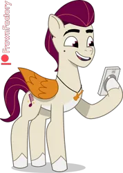 Size: 2136x3000 | Tagged: safe, artist:frownfactory, derpibooru import, pegasus, pony, my little pony: tell your tale, cutie mark, g5, image, male, mobile phone, phone, png, rocky riff, simple background, smartphone, smiling, solo, stallion, transparent background, vector, wings