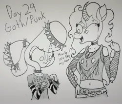 Size: 3257x2776 | Tagged: safe, artist:spoopygirl, derpibooru import, oleander (tfh), anthro, them's fightin' herds, community related, female, goth, image, jpeg, lineart, pom (tfh), punk, traditional art