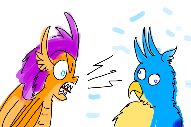 Size: 2400x1600 | Tagged: safe, artist:horsesplease, derpibooru import, gallus, smolder, dragon, gryphon, angry, derp, fluffy, gallus the rooster, image, png, screaming, shut up, yelling