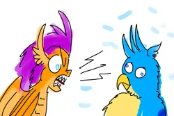 Size: 2400x1600 | Tagged: safe, artist:horsesplease, derpibooru import, gallus, smolder, dragon, gryphon, angry, derp, fluffy, gallus the rooster, image, png, screaming, shut up, yelling