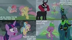 Size: 2000x1125 | Tagged: safe, derpibooru import, edit, edited screencap, editor:quoterific, screencap, cozy glow, fluttershy, lord tirek, queen chrysalis, rainbow dash, spike, twilight sparkle, twilight sparkle (alicorn), alicorn, centaur, changeling, changeling queen, dragon, pony, taur, the ending of the end, alicornified, cozycorn, female, image, png, race swap, ultimate chrysalis, winged spike, wings