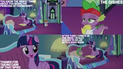 Size: 2000x1125 | Tagged: safe, derpibooru import, edit, edited screencap, editor:quoterific, screencap, spike, twilight sparkle, twilight sparkle (alicorn), alicorn, dragon, pony, amending fences, book, clothes, couch, duo, gloves, image, png, rubber gloves, twilight's castle