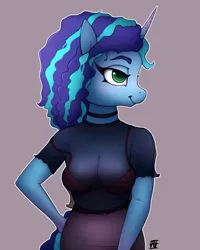 Size: 2000x2500 | Tagged: suggestive, artist:naen, derpibooru import, anthro, plantigrade anthro, pony, unicorn, g5, blouse, blushing, bra, breasts, choker, cleavage, clothes, female, image, looking away, mare, misty brightdawn, png, see-through, simple background, skirt, underwear