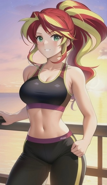 Size: 396x682 | Tagged: suggestive, derpibooru import, editor:sammykun, machine learning generated, novelai, stable diffusion, sunset shimmer, breasts, busty sunset shimmer, clothes, exercise, fence, hand on hip, image, jpeg, looking at you, midriff, ocean, outdoors, pants, ponytail, reasonably sized breasts, sexy, smiling, sunset, tanktop, water, wood