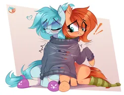 Size: 4428x3401 | Tagged: safe, artist:nevobaster, derpibooru import, oc, oc:rusty gears, oc:whispy slippers, pony, abstract background, clothes, duo, eyes closed, glasses, image, png, scarf, shared clothing, sitting, slippers, smiling, sock, socks, striped scarf, striped socks, sweater, torn clothes, worried