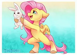 Size: 3507x2480 | Tagged: safe, artist:tokokami, derpibooru import, angel bunny, fluttershy, pegasus, pony, rabbit, :t, angel bunny is not amused, animal, bipedal, chest fluff, floppy ears, happy, holding a bunny, image, jpeg, open mouth, open smile, smiling, unamused