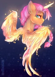 Size: 2480x3507 | Tagged: safe, artist:tokokami, derpibooru import, sunny starscout, alicorn, pony, my little pony: a new generation, alicornified, braid, g5, image, jpeg, looking at you, looking back, looking back at you, race swap, solo, spread wings, sunnycorn, wings
