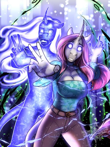 Size: 2880x3870 | Tagged: safe, artist:blackblood-queen, derpibooru import, oc, oc:rosie quartz, unofficial characters only, anthro, crystal pony, pony, unguligrade anthro, unicorn, anthro oc, breasts, cleavage, crystal magic, crystallized, curved horn, female, glow, glowing eyes, horn, image, leonine tail, mare, png, solo, story in the source, tail, unicorn oc