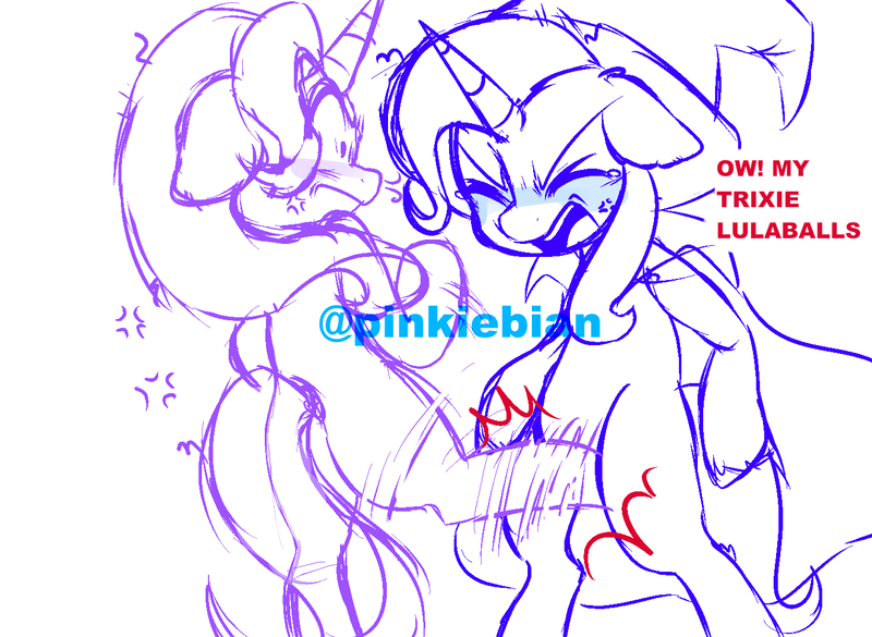 Size: 1400x1024 | Tagged: safe, artist:pinkiebian, starlight glimmer, trixie, pony, unicorn, cape, clothes, dialogue, eyes closed, female, groin attack, hat, image, implied futa, kicked in the crotch, mare, pain, png, screaming, trixie's cape, trixie's hat