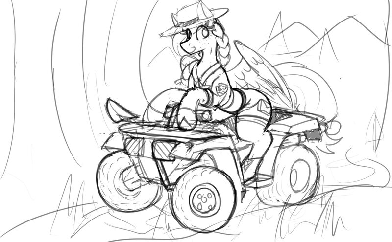 Size: 1914x1184 | Tagged: safe, artist:codras, oc, oc:sylvia evergreen, unofficial characters only, pegasus, pony, atv, black and white, braid, clothes, female, grayscale, hat, image, jpeg, mare, monochrome, shoes, simple background, sketch, solo, wasp waist, white background