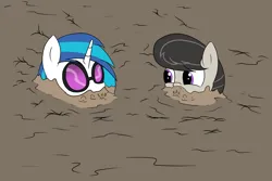 Size: 2400x1600 | Tagged: safe, artist:amateur-draw, derpibooru import, octavia melody, vinyl scratch, earth pony, pony, unicorn, bow, female, females only, glasses, image, mare, mud, mud bath, mud pony, muddy, peril, png, quicksand, sinking, wet and messy